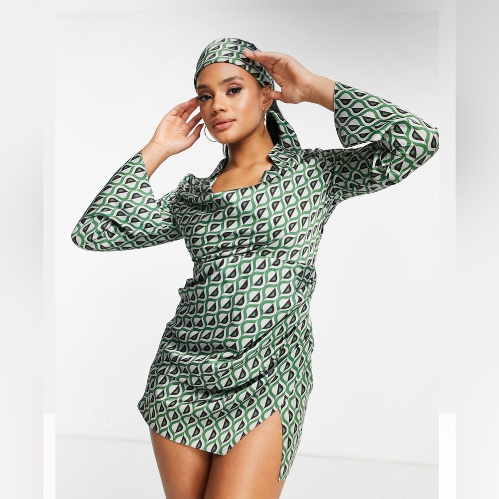 ASOS DESIGN collared & cowl neck geo-print mini dress with matching headscarf